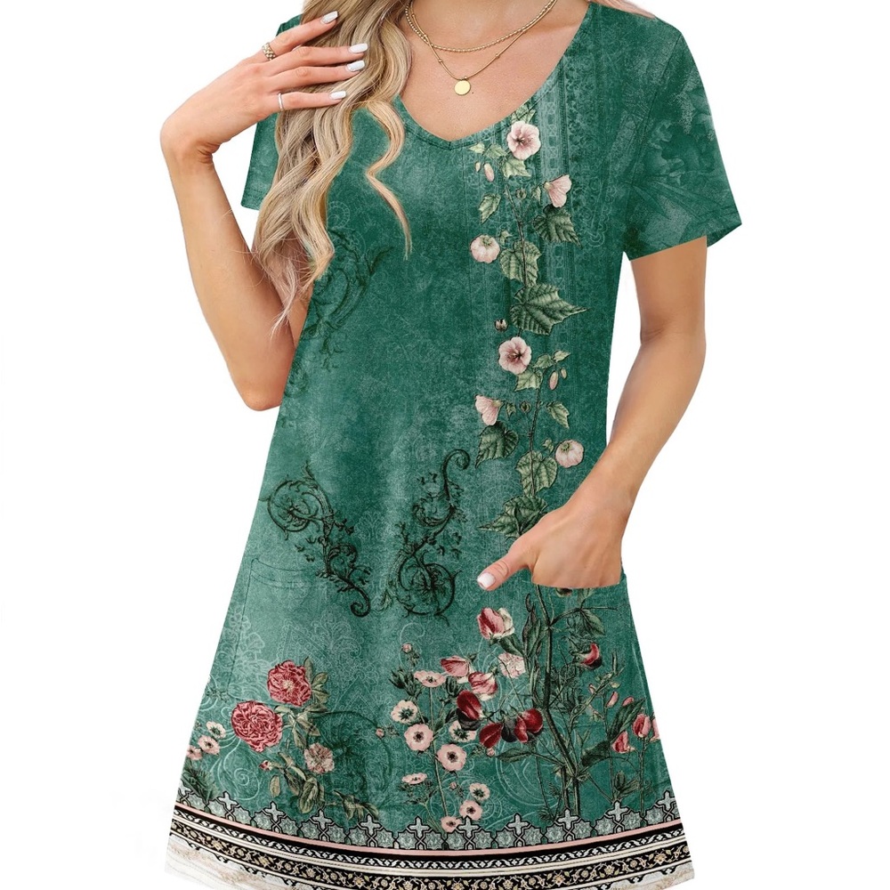 NWOT UVN green floral short slip on knee length shift dress size large L
 b46